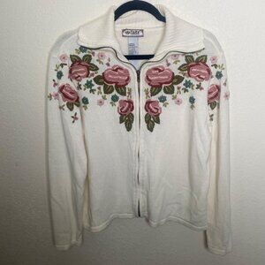 Vintage Tiara International Cardigan Womens Size L White Floral Embroidered Zip